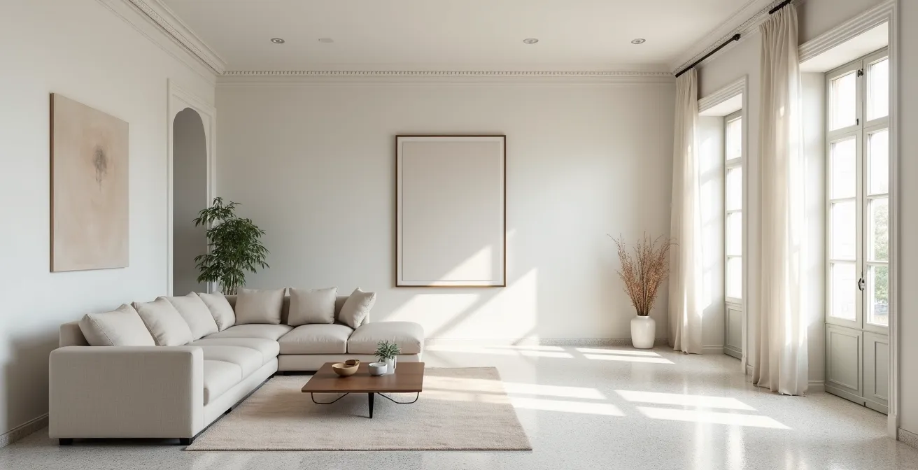 Soggiorno italiano luminoso dopo decluttering con spazi aperti e mobili essenziali