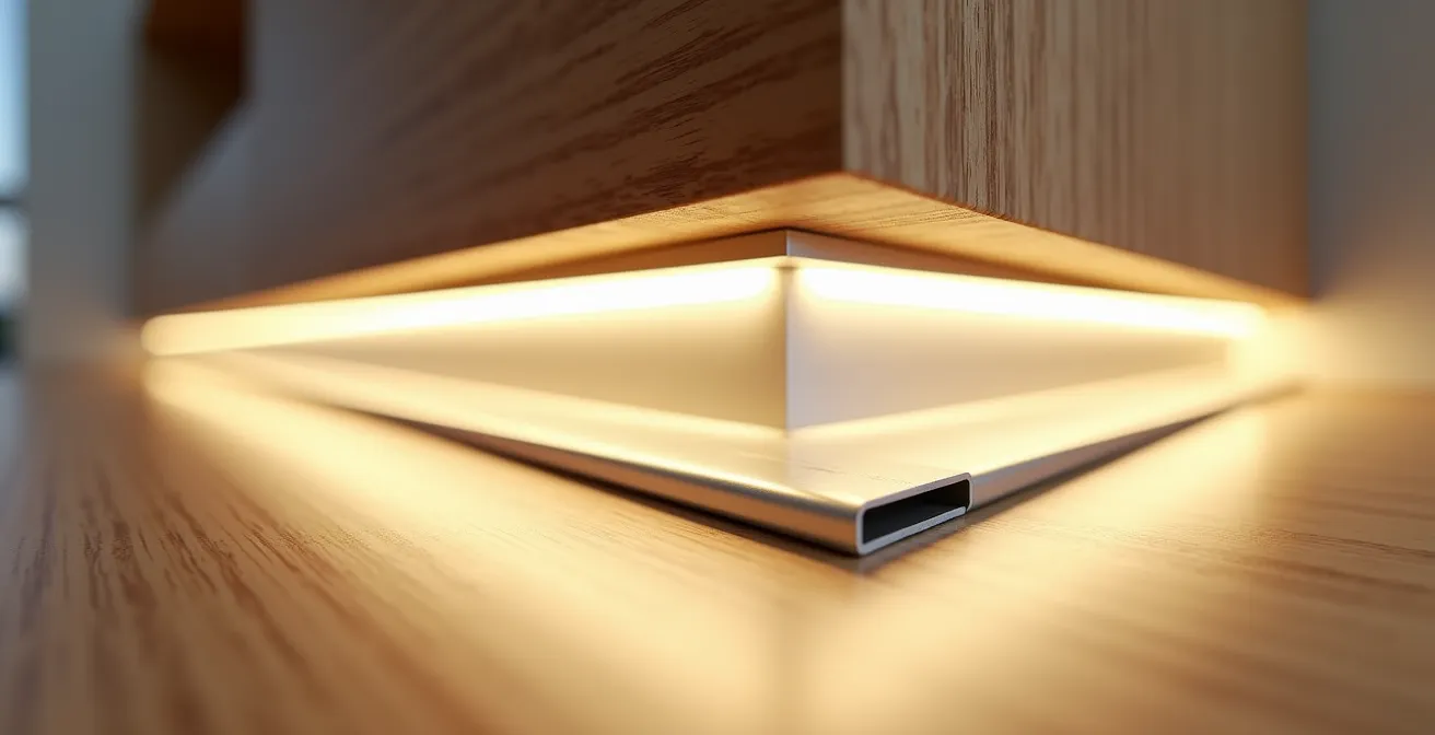 Strisce LED con profili in alluminio installate sotto i pensili della cucina per una luce uniforme e funzionale.