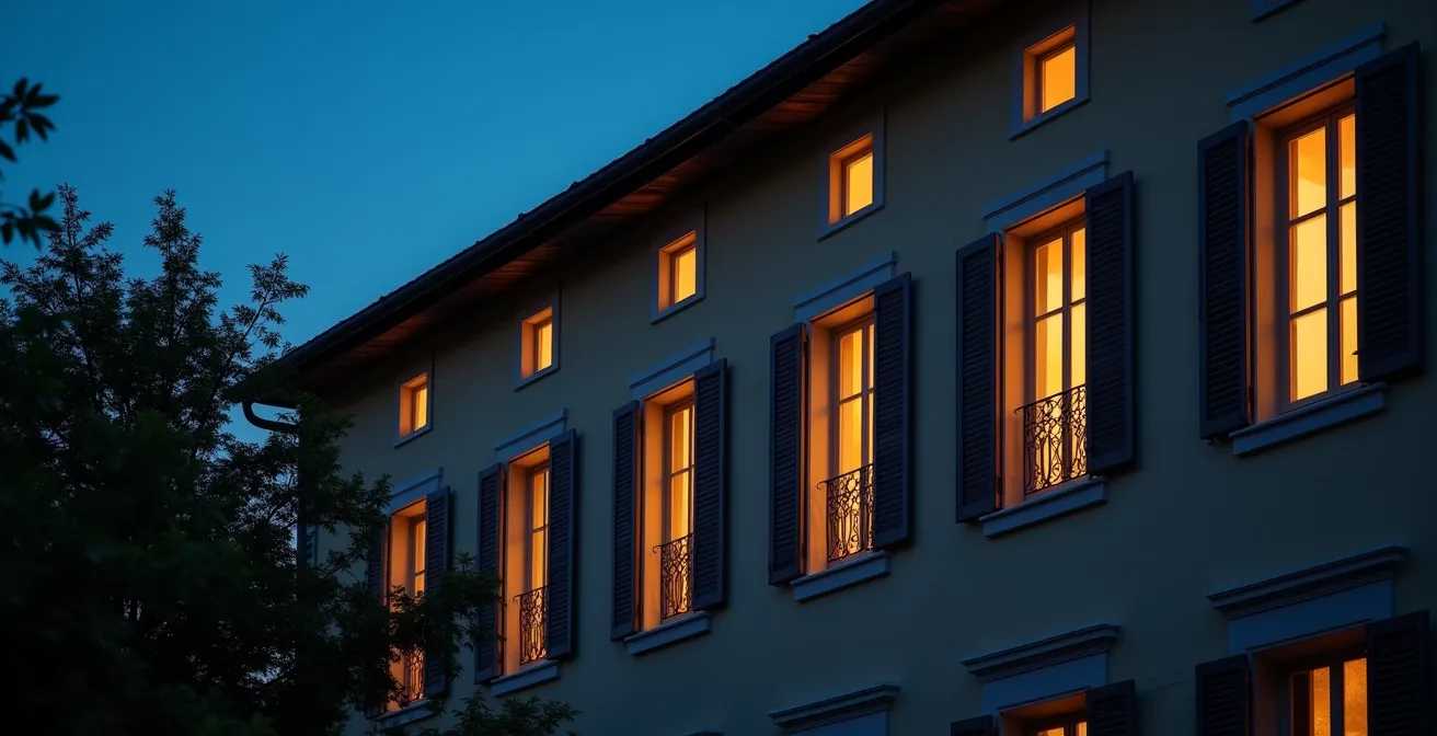 Vista esterna di villa italiana al crepuscolo con tapparelle a diverse altezze