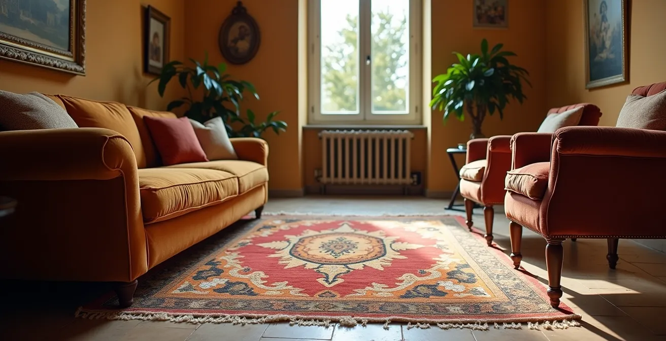 Salotto italiano con tappeto che ancora divano e poltrone secondo la regola dell'ancoraggio