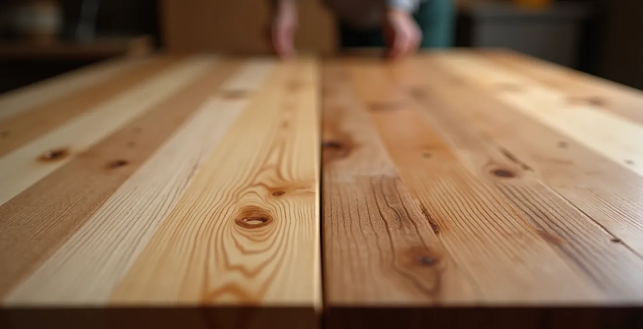 Confronto ravvicinato tra superficie di legno massello trattata con olio e con cera