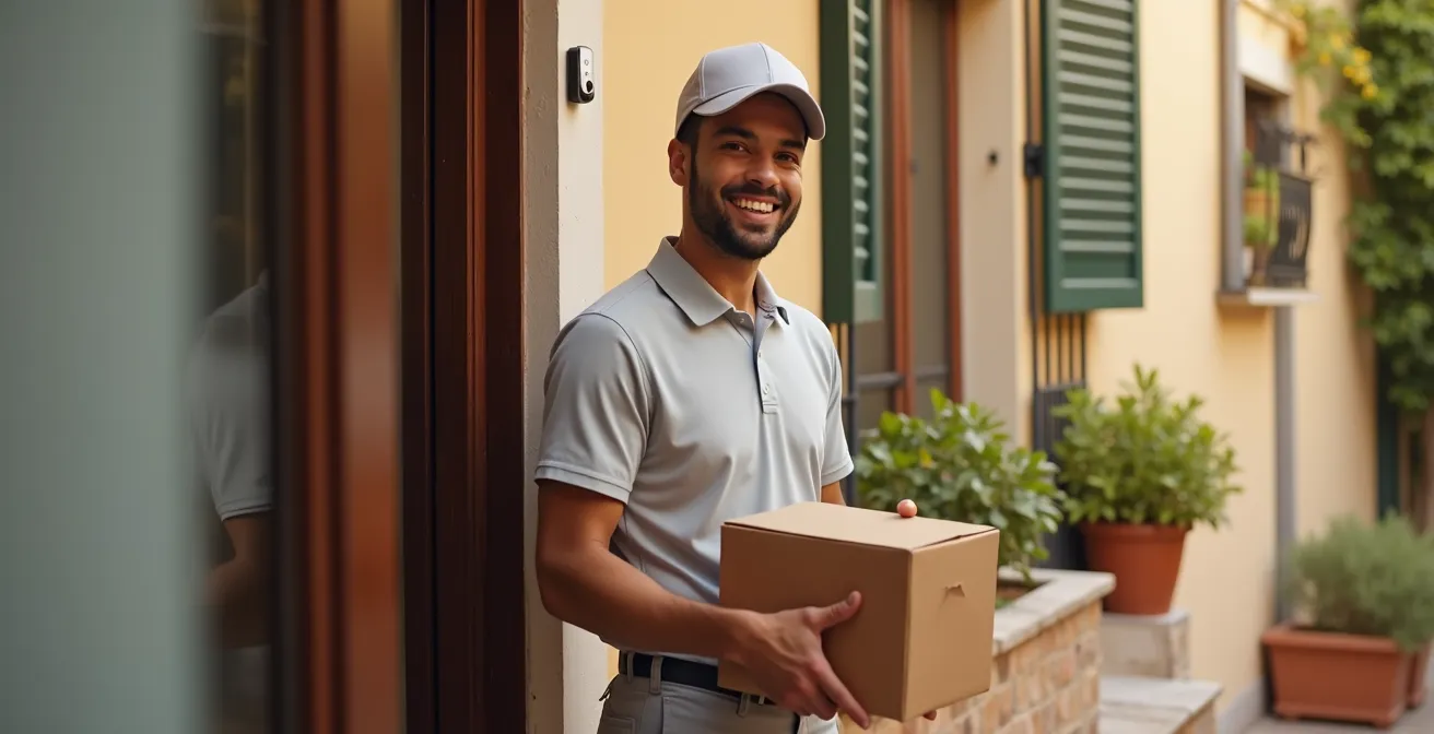 Corriere italiano che consegna un pacco davanti a una telecamera con audio bidirezionale