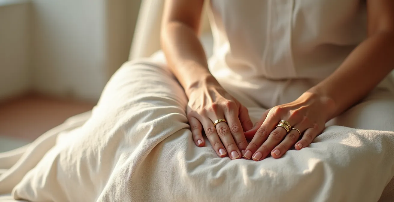 Dettaglio di tessuti in lino naturale con texture visibile in un ambiente domestico dallo stile mediterraneo, che trasmette una sensazione di freschezza.