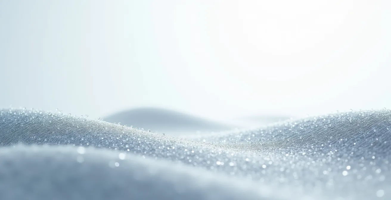 Vista ravvicinata di tessuto tecnico con gocce d'acqua che scivolano sulla superficie