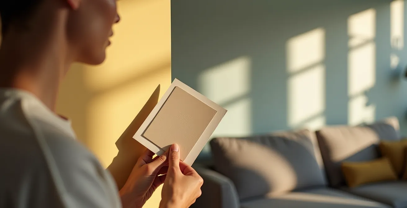 Pannello di prova colore posizionato su diverse pareti sotto varie condizioni di luce