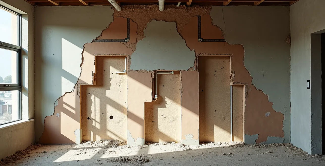 Dettaglio tracce per impianti su parete in fase di ristrutturazione