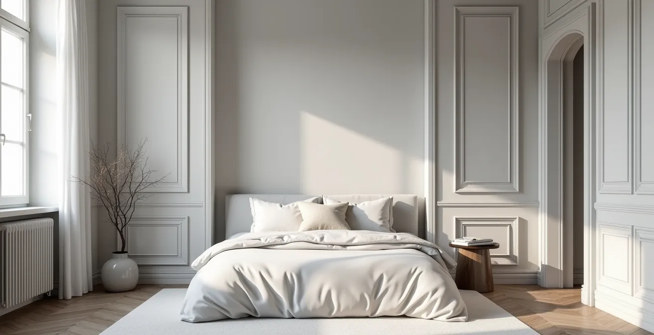 Camera da letto piccola con pareti chiare e continuità cromatica che crea illusione di maggiore spazio