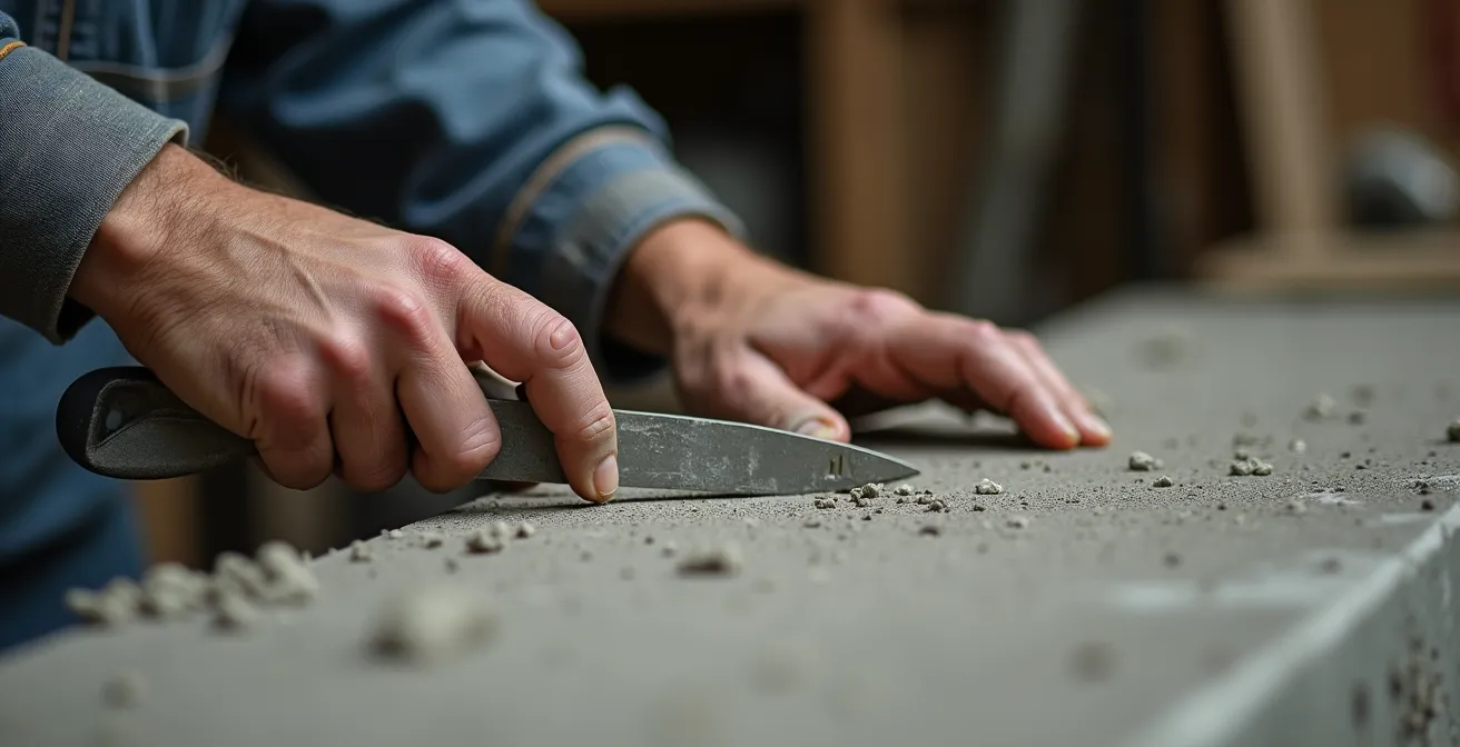Tecnico che esegue test di planarità su massetto con strumenti professionali