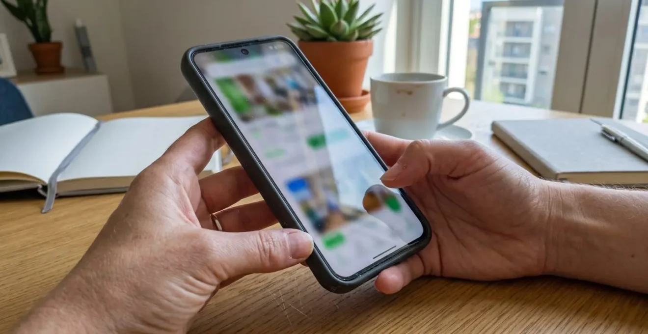 Primo piano ravvicinato di mani che tengono uno smartphone con interfaccia app immobiliare completamente sfocata su superficie moderna pulita