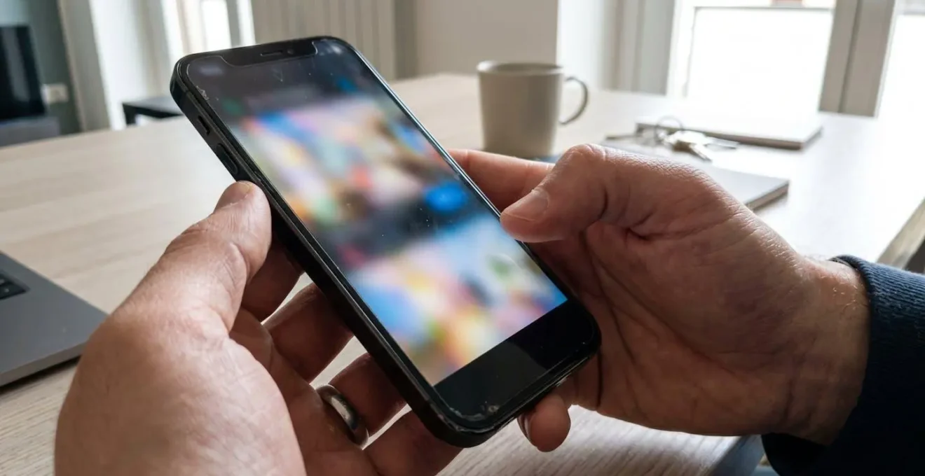 Primo piano ravvicinato di mani che tengono uno smartphone con interfaccia app immobiliare completamente sfocata su superficie moderna pulita