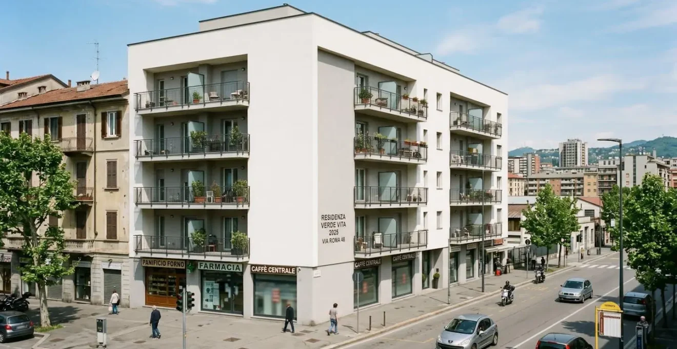 Edificio residenziale moderno con facciata pulita e balconi regolari in una zona urbana italiana sotto cielo sereno