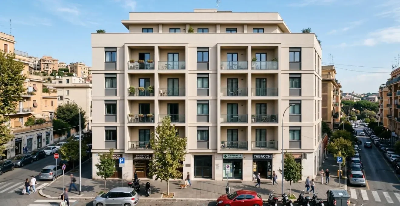 Edificio residenziale moderno con facciata pulita e balconi regolari in una zona urbana italiana sotto cielo sereno