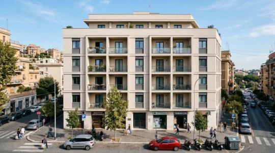 Edificio residenziale moderno con facciata pulita e balconi regolari in una zona urbana italiana sotto cielo sereno