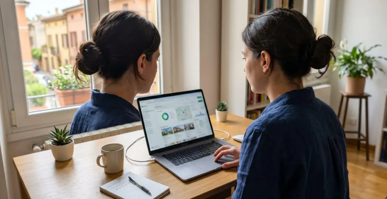 Persona vista di spalle davanti a un laptop in un ufficio domestico luminoso con schermo parzialmente visibile ma sfocato