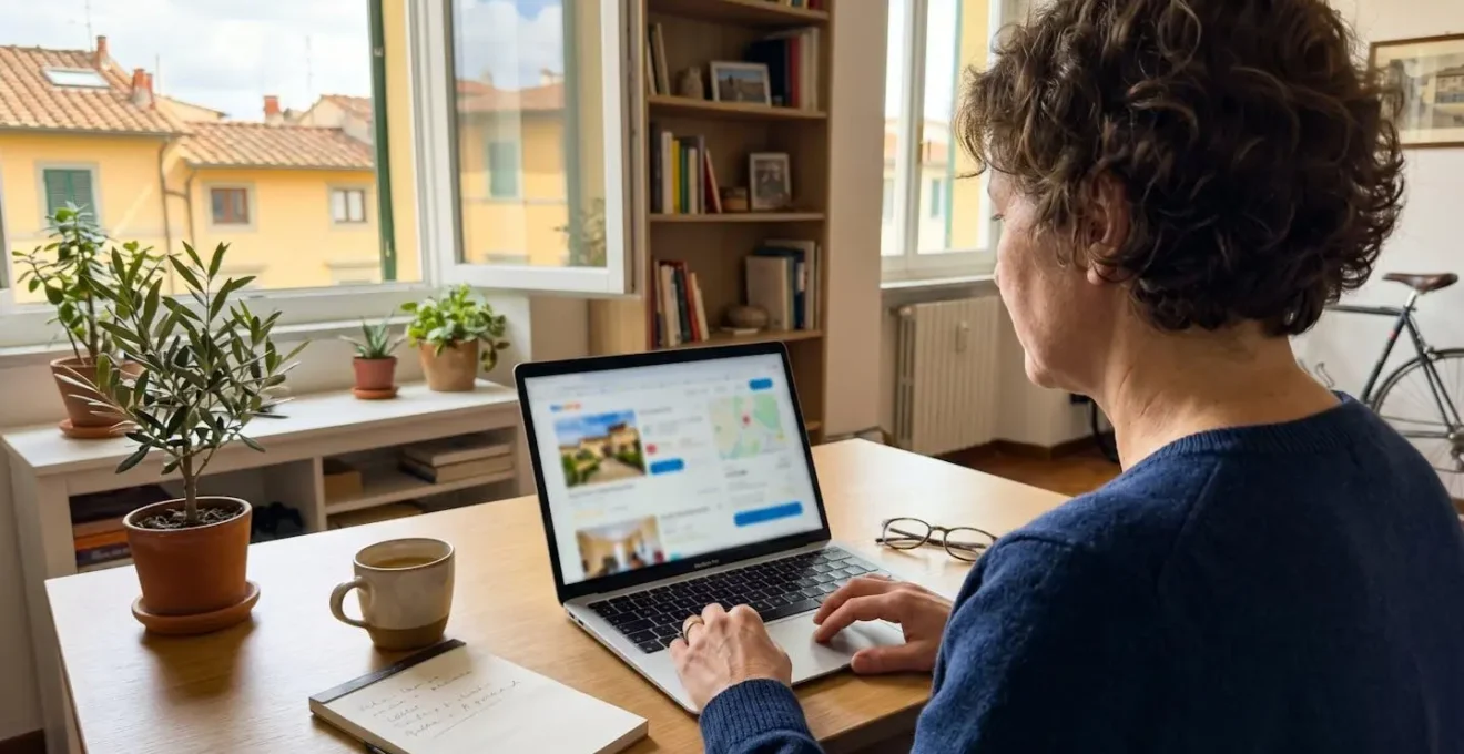 Persona vista di spalle davanti a un laptop in un ufficio domestico luminoso con schermo parzialmente visibile ma sfocato