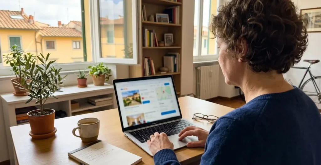 Persona vista di spalle davanti a un laptop in un ufficio domestico luminoso con schermo parzialmente visibile ma sfocato Persona vista di spalle davanti a un laptop in un ufficio domestico luminoso con schermo parzialmente visibile ma sfocato
